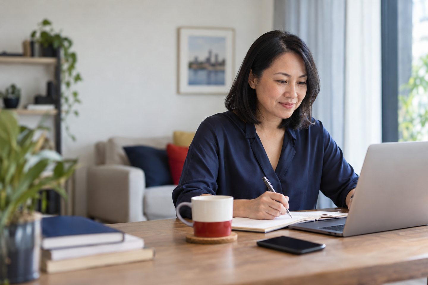 A woman writing in a notebook beside a laptop at a wooden desk, a red and white mug beside her.