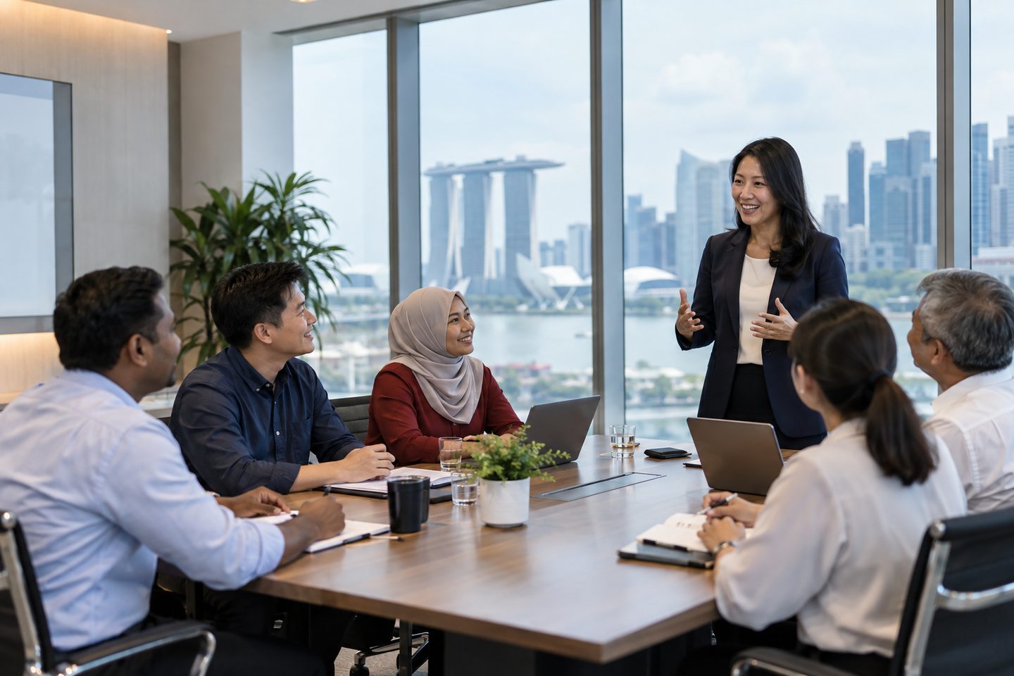 A woman in a navy blazer standing and talking to six colleagues seated around a meeting table, a city skyline and a bay through the window.