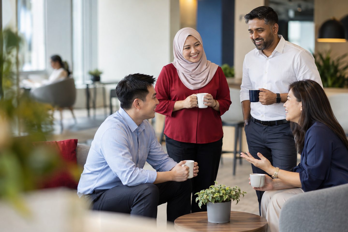 Four colleagues chatting with coffee cups in a bright lounge, two seated and two standing.