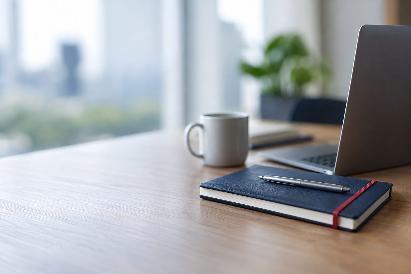 A navy notebook with a red band and a pen beside a laptop and a grey mug on a wooden table, a city view out of focus behind.