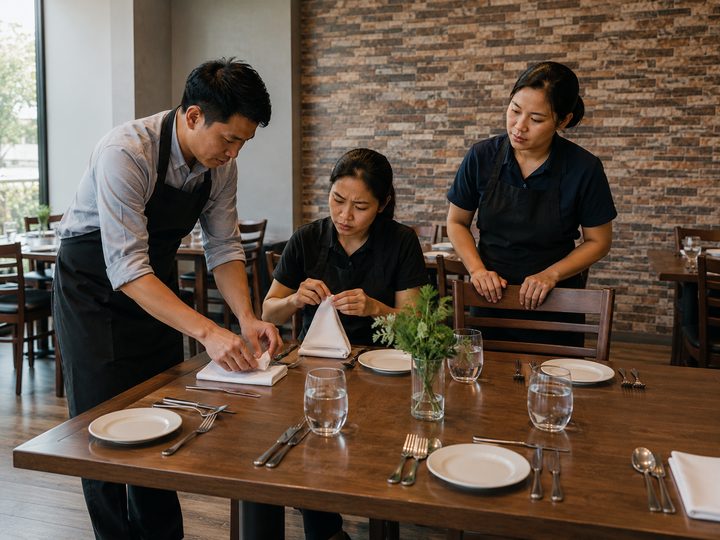 Three restaurant staff in aprons folding napkins and laying cutlery at a set dining table.