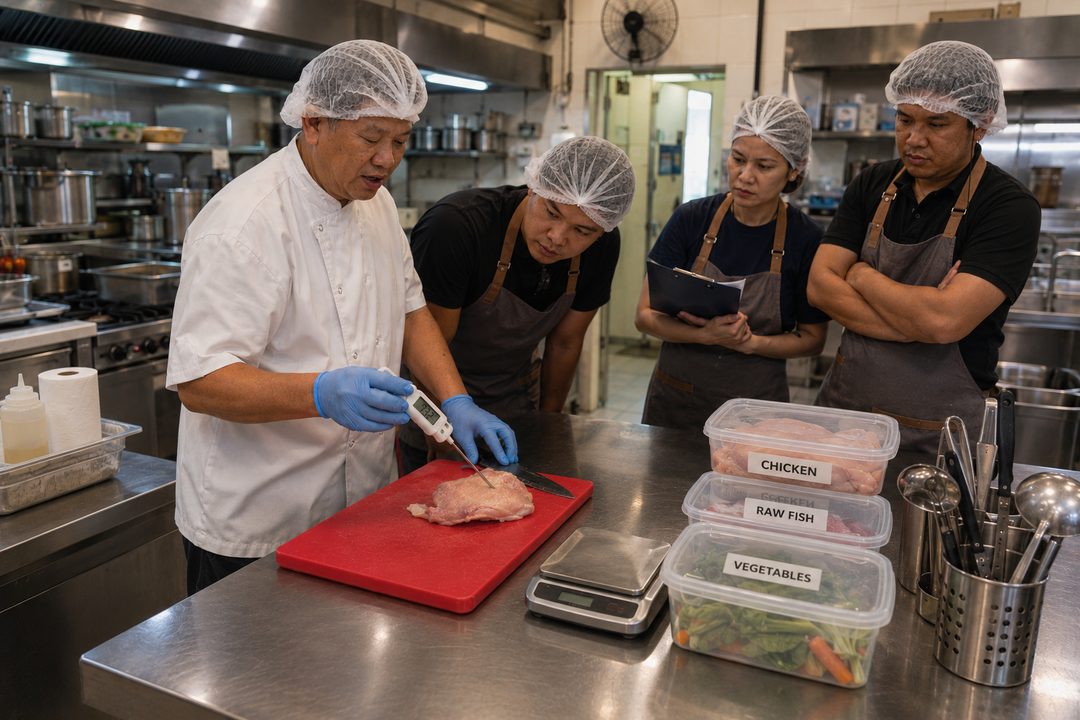 A cook in a hairnet and blue gloves checking raw meat with a probe thermometer on a red cutting board, watched by three colleagues, beside containers labelled Chicken, Raw Fish and Vegetables.