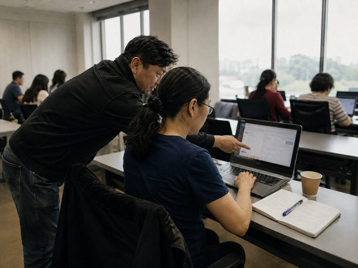 A trainer leaning in to point at a spreadsheet on a laptop screen for a seated learner, in a room of people working at laptops.