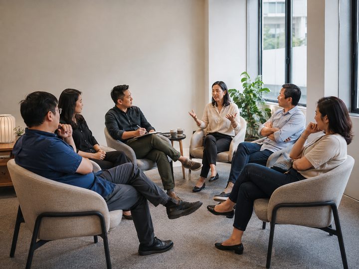 Seven colleagues seated in a circle of armchairs in discussion, one of them speaking with her hands raised.